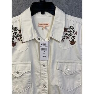 Vintage Threads Womens XL Embroidered Floral Western Snap Off-White Denim Shirt